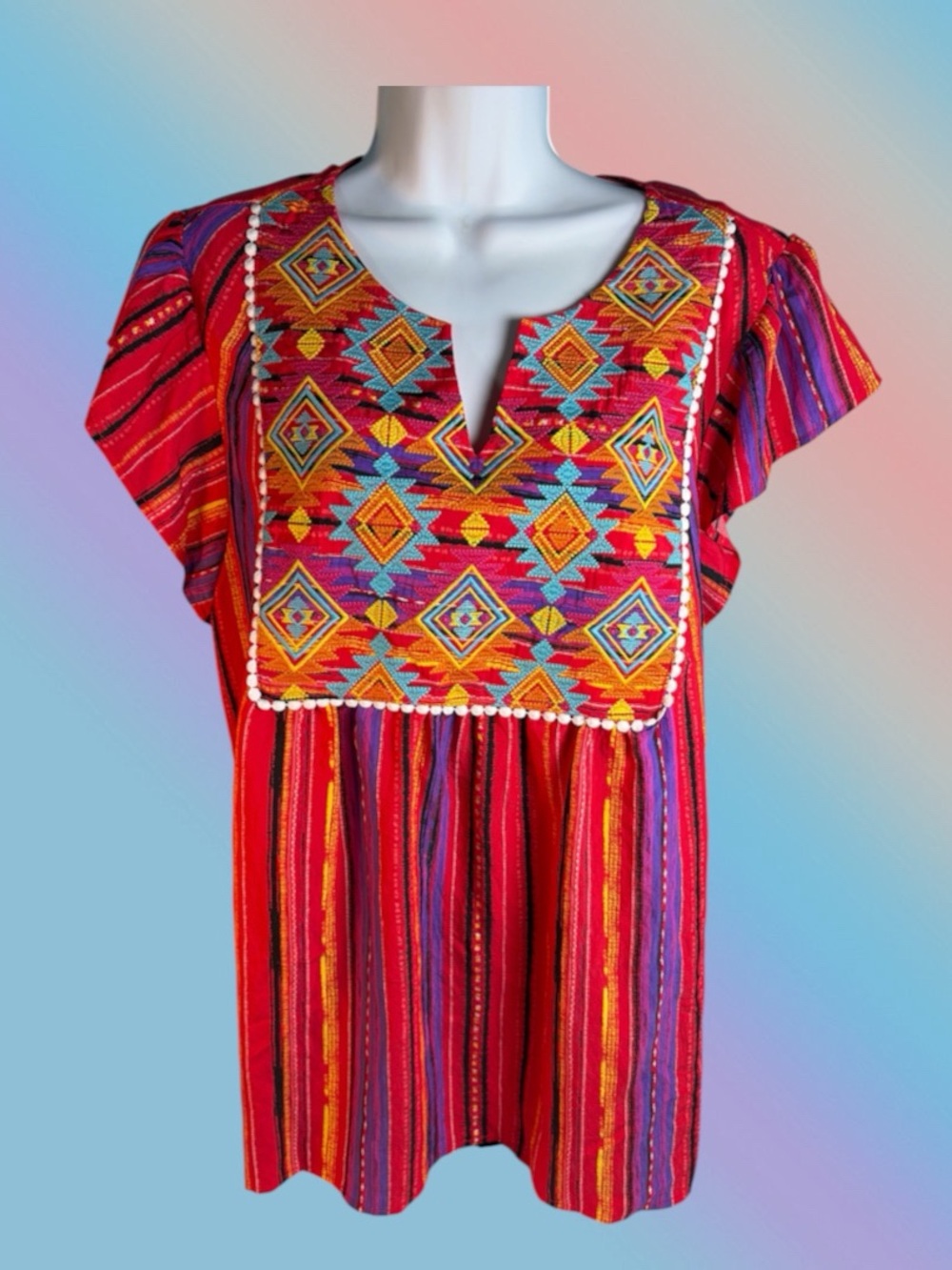 Savanna Jane Blouse Womens 1X Multicolor Embroidered Boho Top